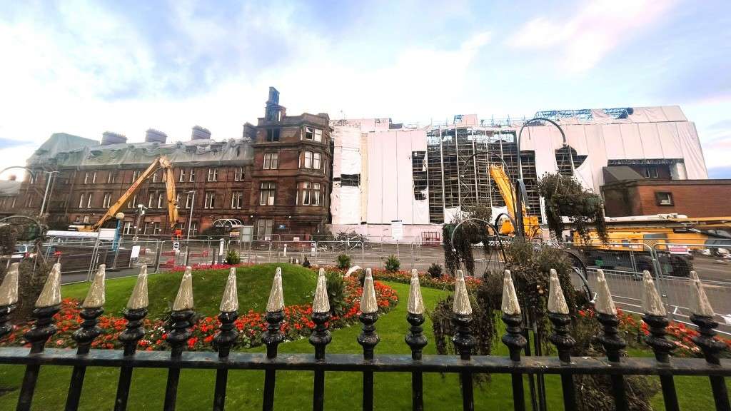 The station hotel post fire, with safety works underway in late October 2023 [Credit: © SAVE]